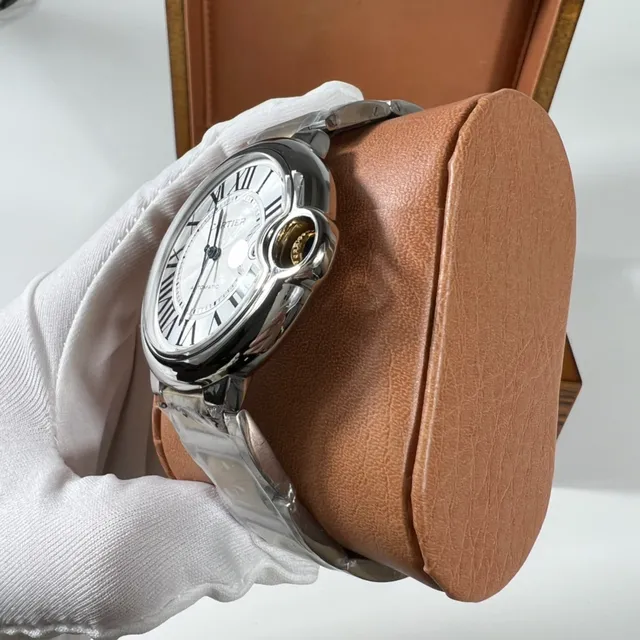 Cartier Ballon Bleu Silver Gold Tonneau-Shaped Case Exposed Crown Screw Mechanical Watch 4