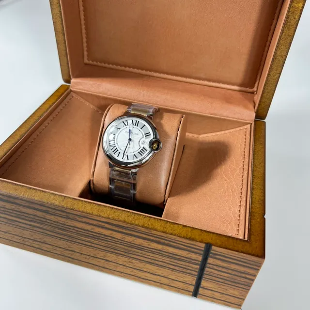 Cartier Ballon Bleu Silver Gold Tonneau-Shaped Case Exposed Crown Screw Mechanical Watch 5