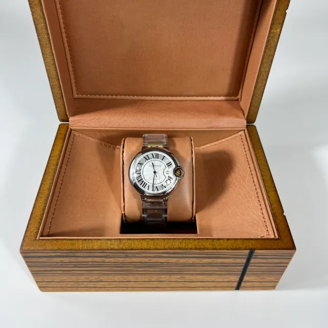 Cartier Ballon Bleu Silver Gold Tonneau-Shaped Case Exposed Crown Screw Mechanical Watch 6