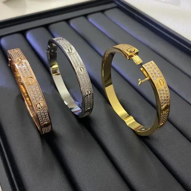 Cartier Love সোনা রুপা হিঞ্জড ব্যাঙ্গেল প্যাভে সেট ব্রেসলেট 2
