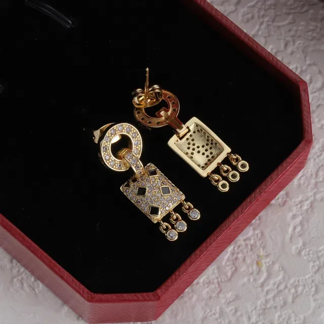 Cartier Red Gold Pavé-Set Square Pendant Earrings 3