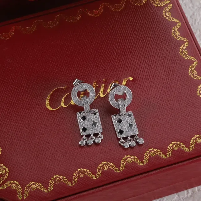 Cartier Red Gold Pavé-Set Square Pendant Earrings 6