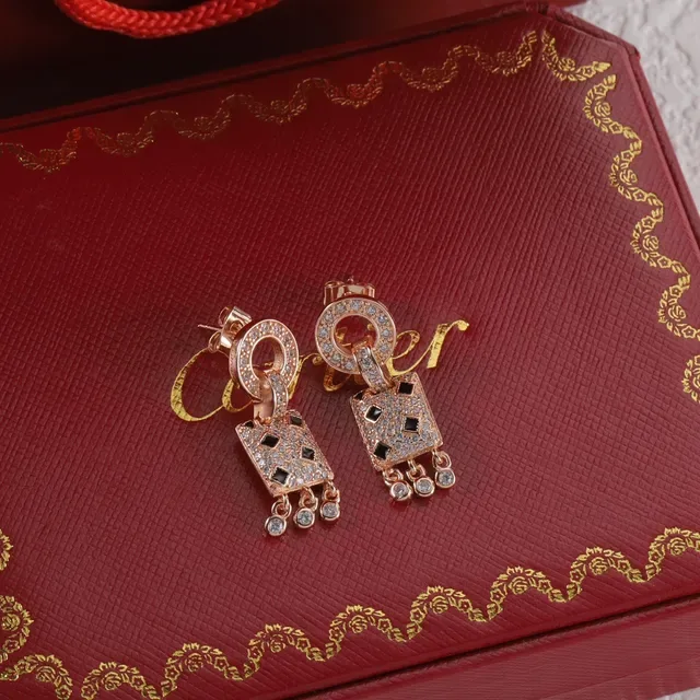 Cartier Red Gold Pavé-Set Square Pendant Earrings 8