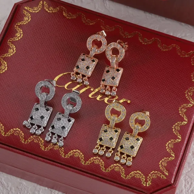 Cartier Red Gold Pavé-Set Square Pendant Earrings 9