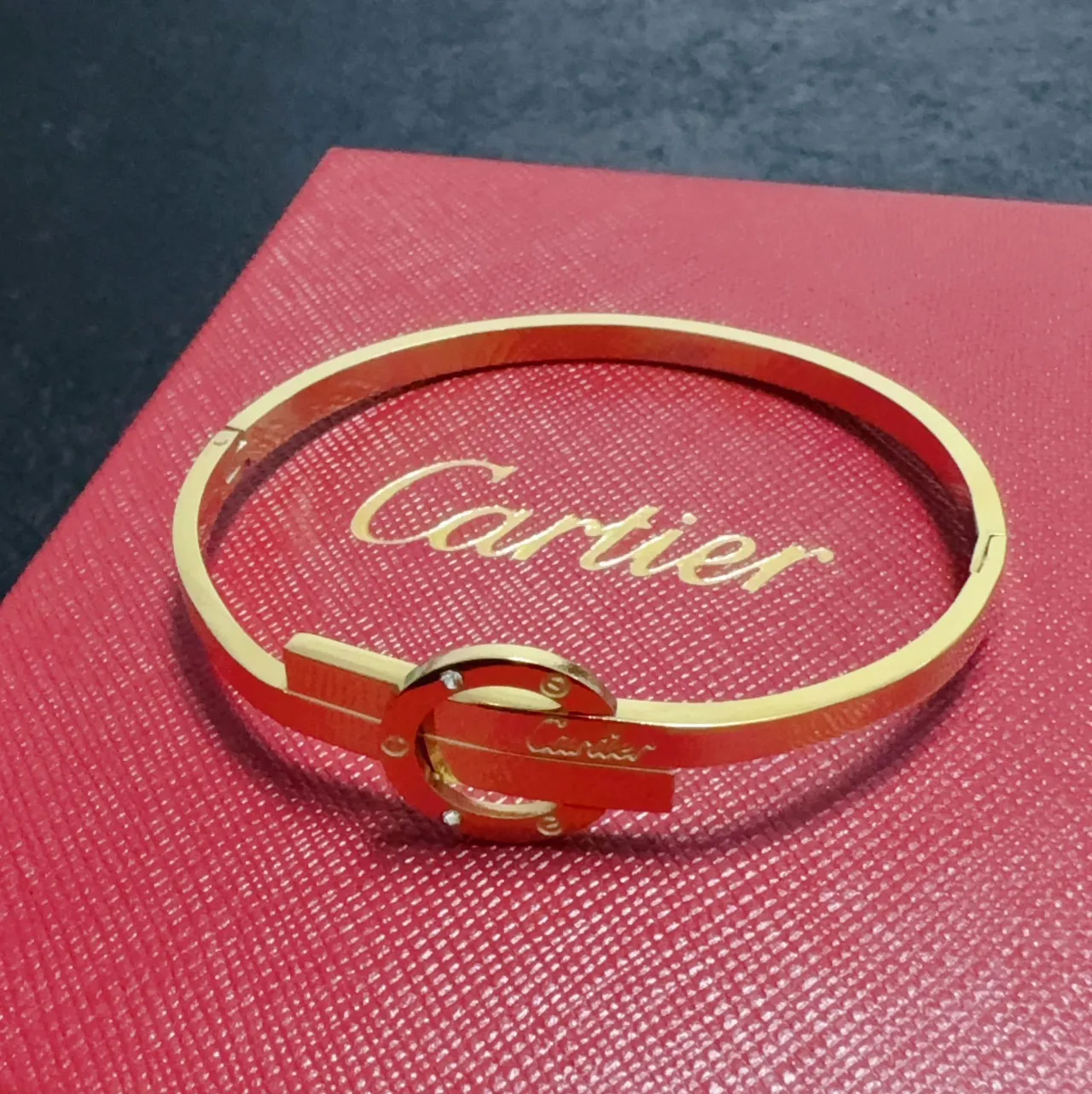 Cartier Silver Gold Interlocking Clasp Engraved Branding Bracelet 3