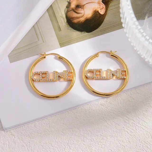 Boucles d'oreilles Celine Logo Hoop Argent et Or Cristal-embellished 2