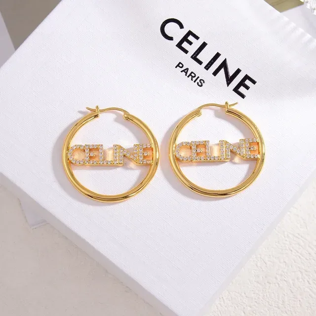 Boucles d'oreilles Celine Logo Hoop Argent et Or Cristal-embellished 4