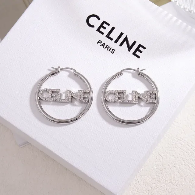 Boucles d'oreilles Celine Logo Hoop Argent et Or Cristal-embellished 5