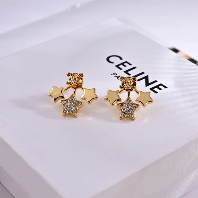 Celine أقراط نجمة ثلاثية Pavé كريستال ذهبي اللون 4