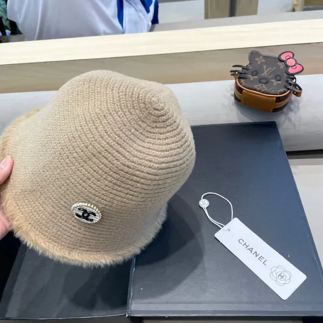Chanel Chapéu de Balde Bege Marrón Malha Acanalada Felpudo Mohair Bord 4