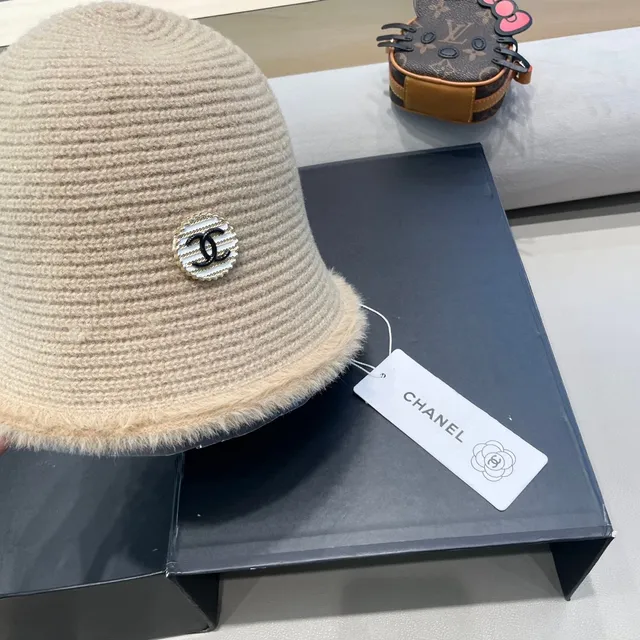 Chanel Chapéu de Balde Bege Marrón Malha Acanalada Felpudo Mohair Bord 5