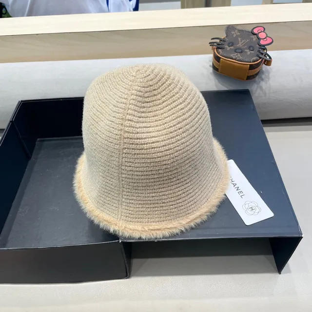 Chanel Chapéu de Balde Bege Marrón Malha Acanalada Felpudo Mohair Bord 7
