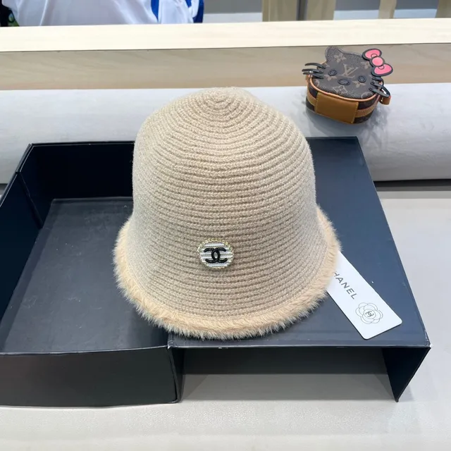 Chanel Chapéu de Balde Bege Marrón Malha Acanalada Felpudo Mohair Bord 8