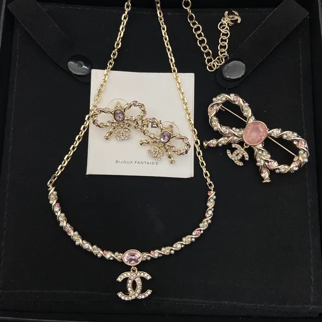 Chanel Bijoux Fantaisie Collier Or Rose Nœud Perle Cristal 5