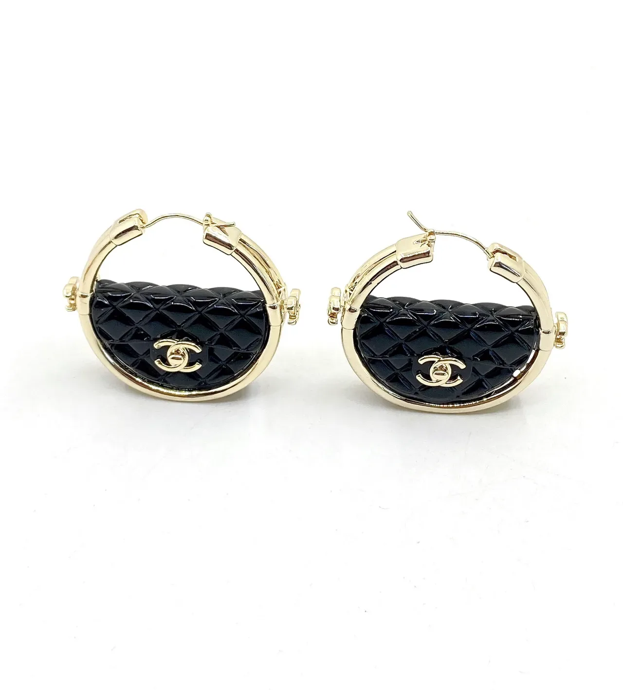 Chanel Black Gold Quilted Resin Metal Earrings 2