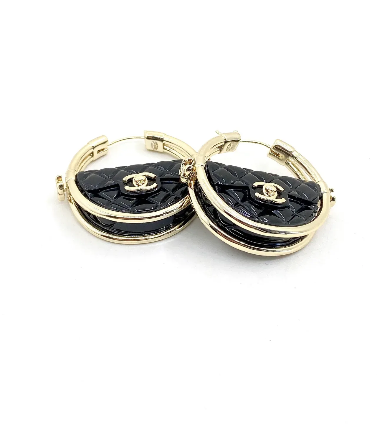 Chanel Black Gold Quilted Resin Metal Earrings 3