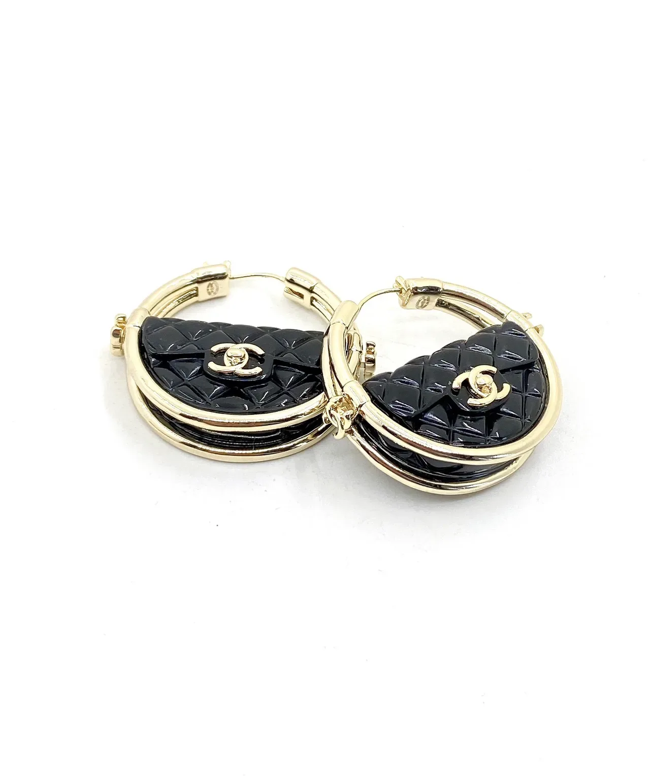 Chanel Black Gold Quilted Resin Metal Earrings 4
