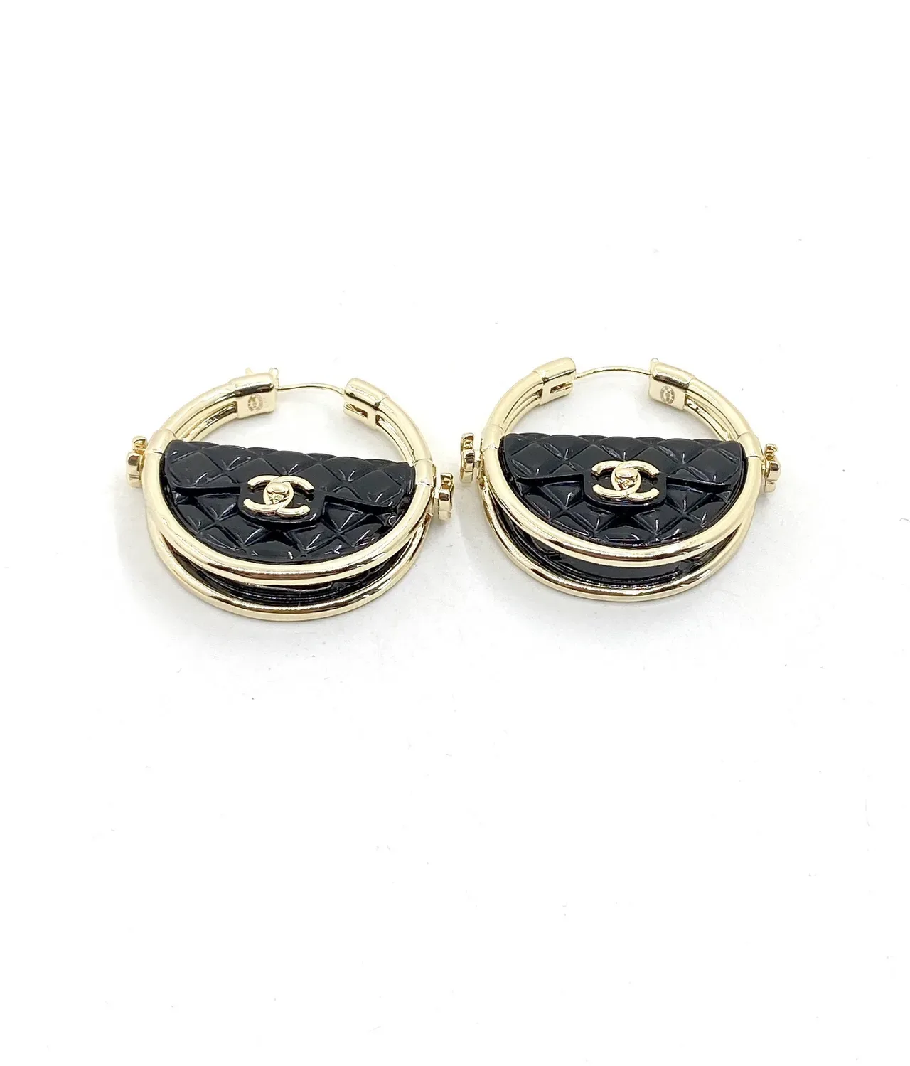 Chanel Black Gold Quilted Resin Metal Earrings 5
