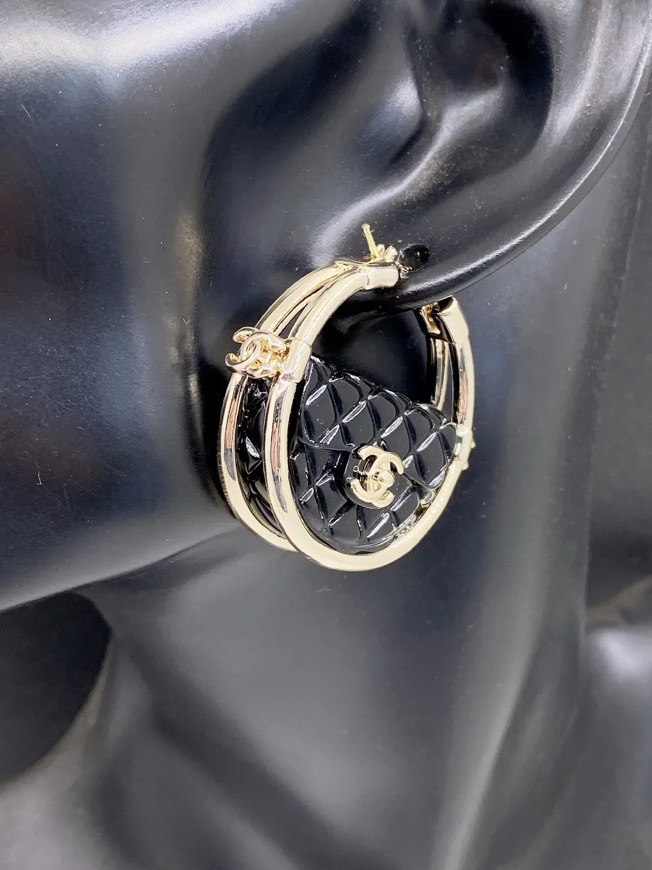 Chanel Black Gold Quilted Resin Metal Earrings 6