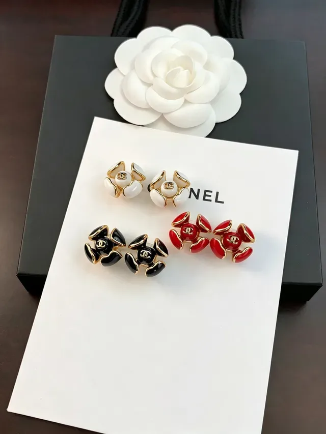 Chanel Camellia Black Gold Enamel Earrings 2
