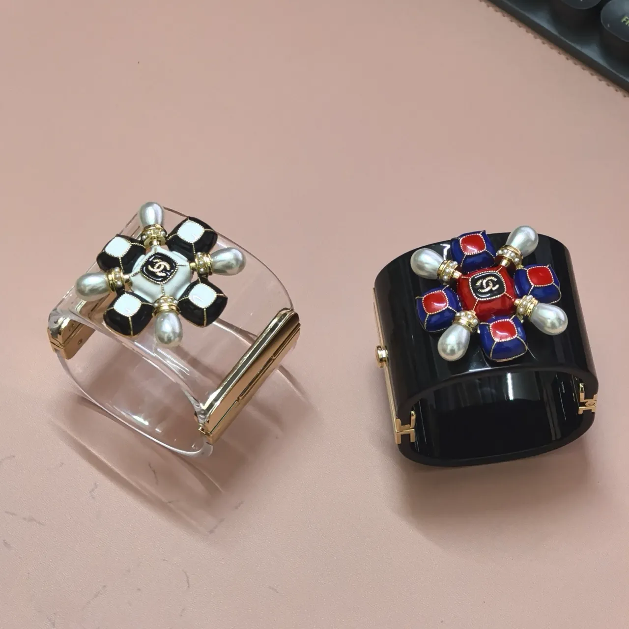 Chanel Camellia Cuff Red Blue White Enamel Pearl Bracelet 2