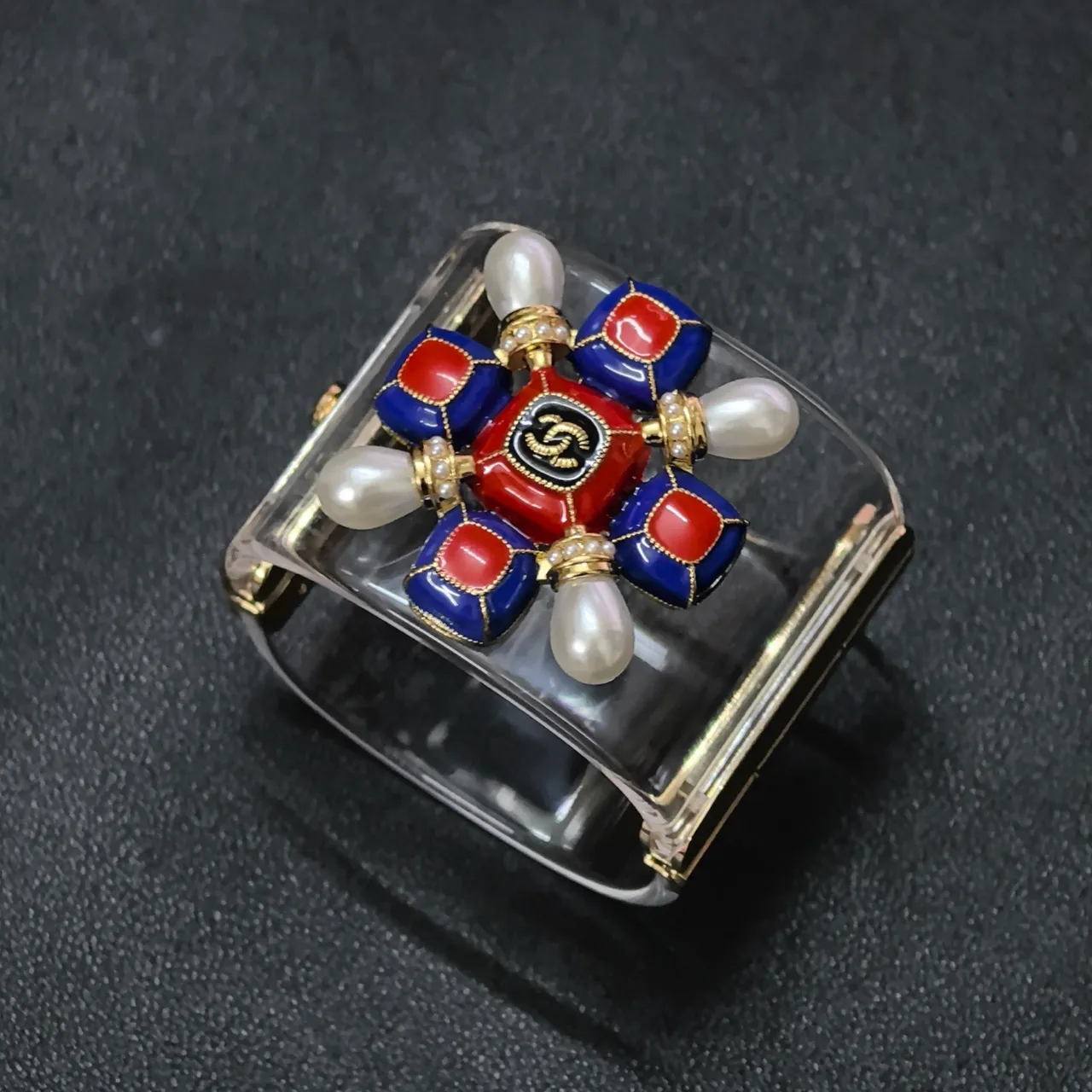 Chanel Camellia Cuff Red Blue White Enamel Pearl Bracelet 4