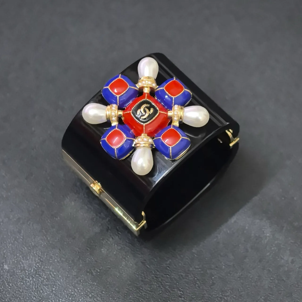 Chanel Camellia Cuff Red Blue White Enamel Pearl Bracelet 5