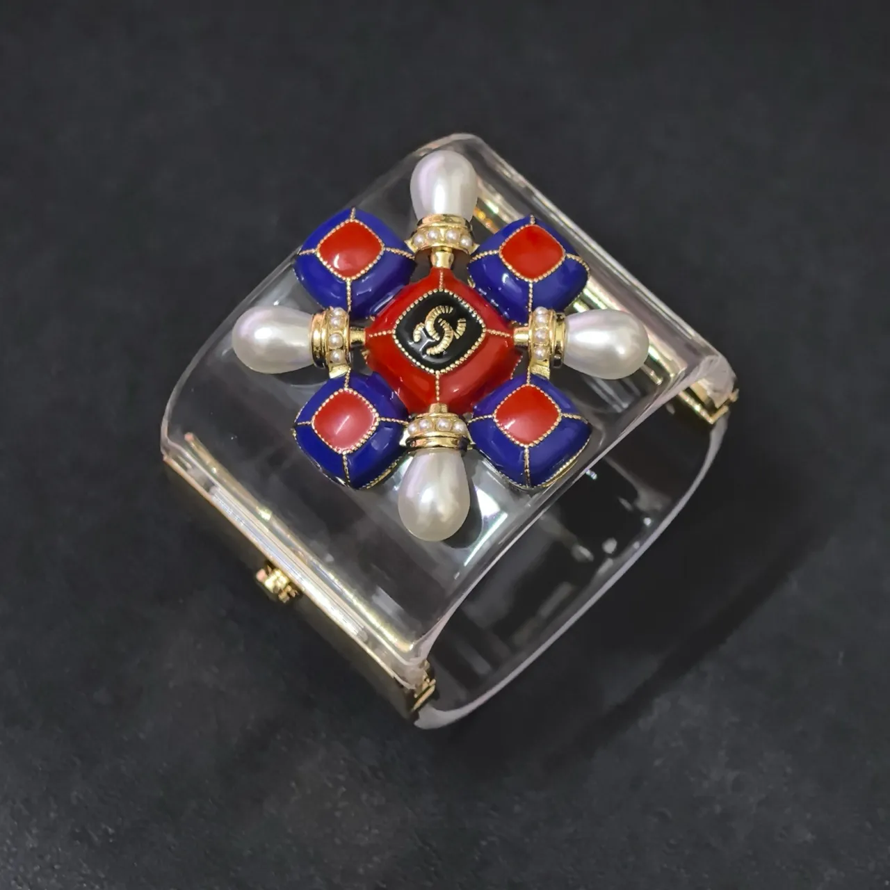 Chanel Camellia Cuff Red Blue White Enamel Pearl Bracelet 6