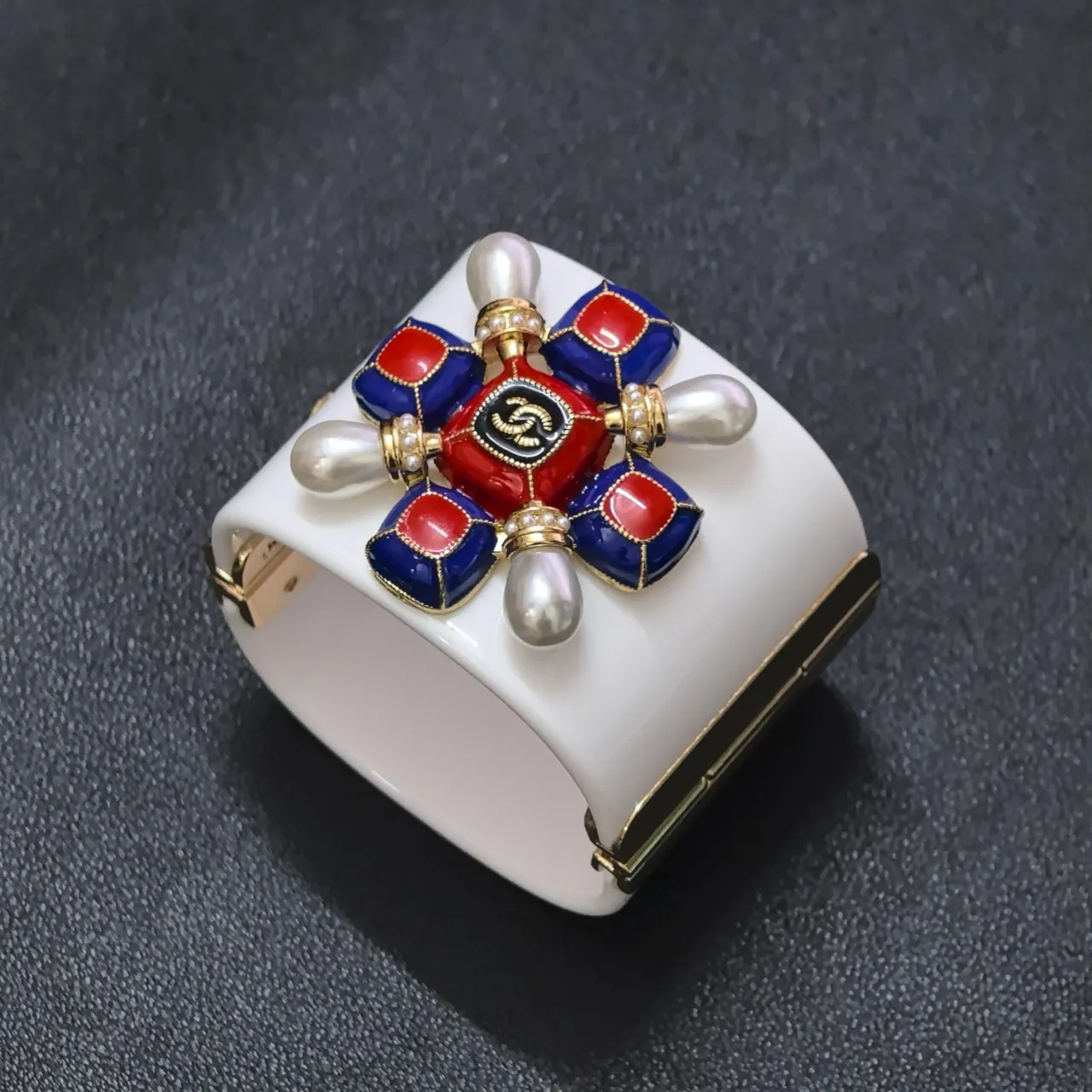 Chanel Camellia Cuff Red Blue White Enamel Pearl Bracelet 7