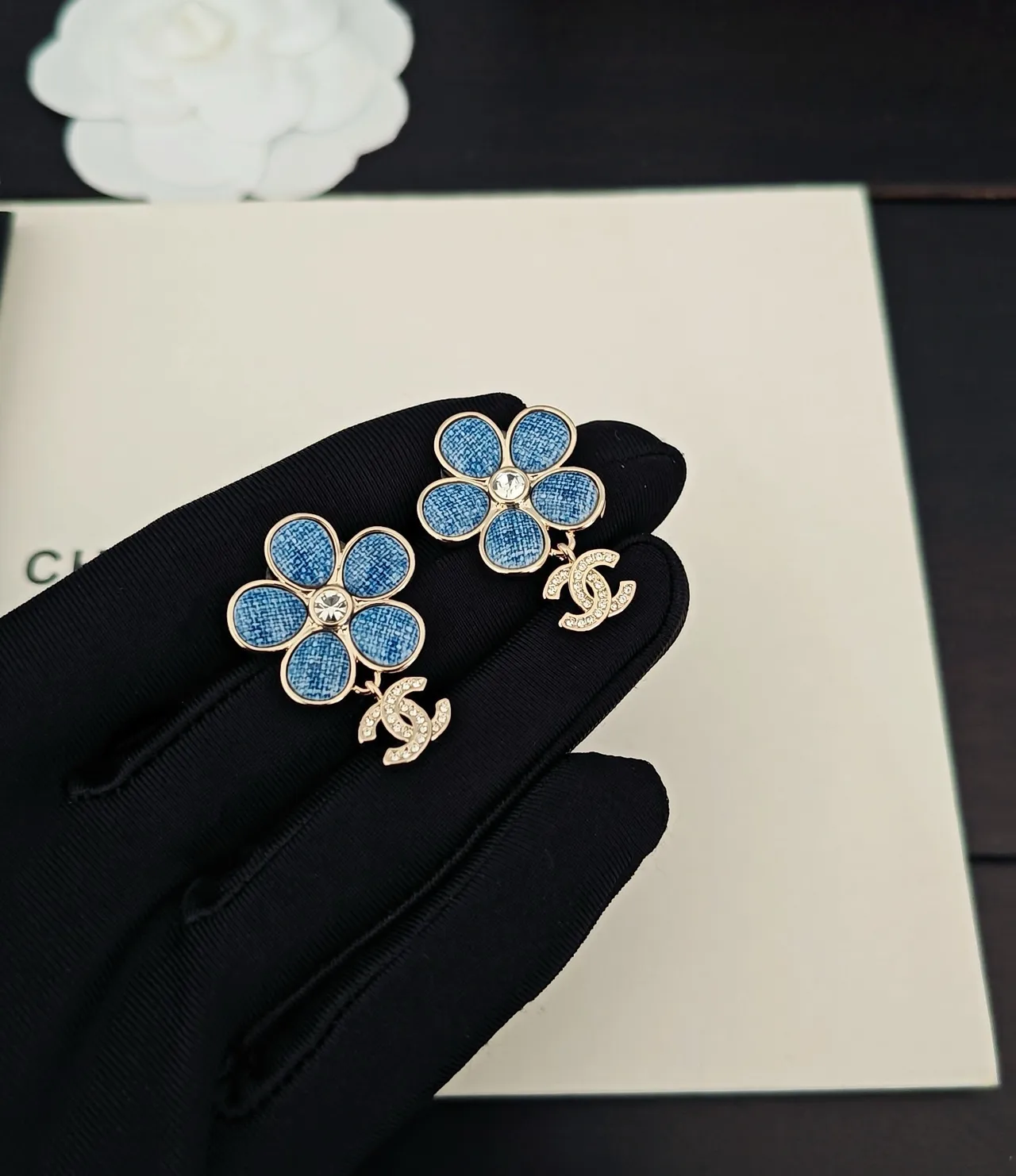 Chanel Camellia Flower Blue Denim-Textured Pavé-Crystal Earrings 2