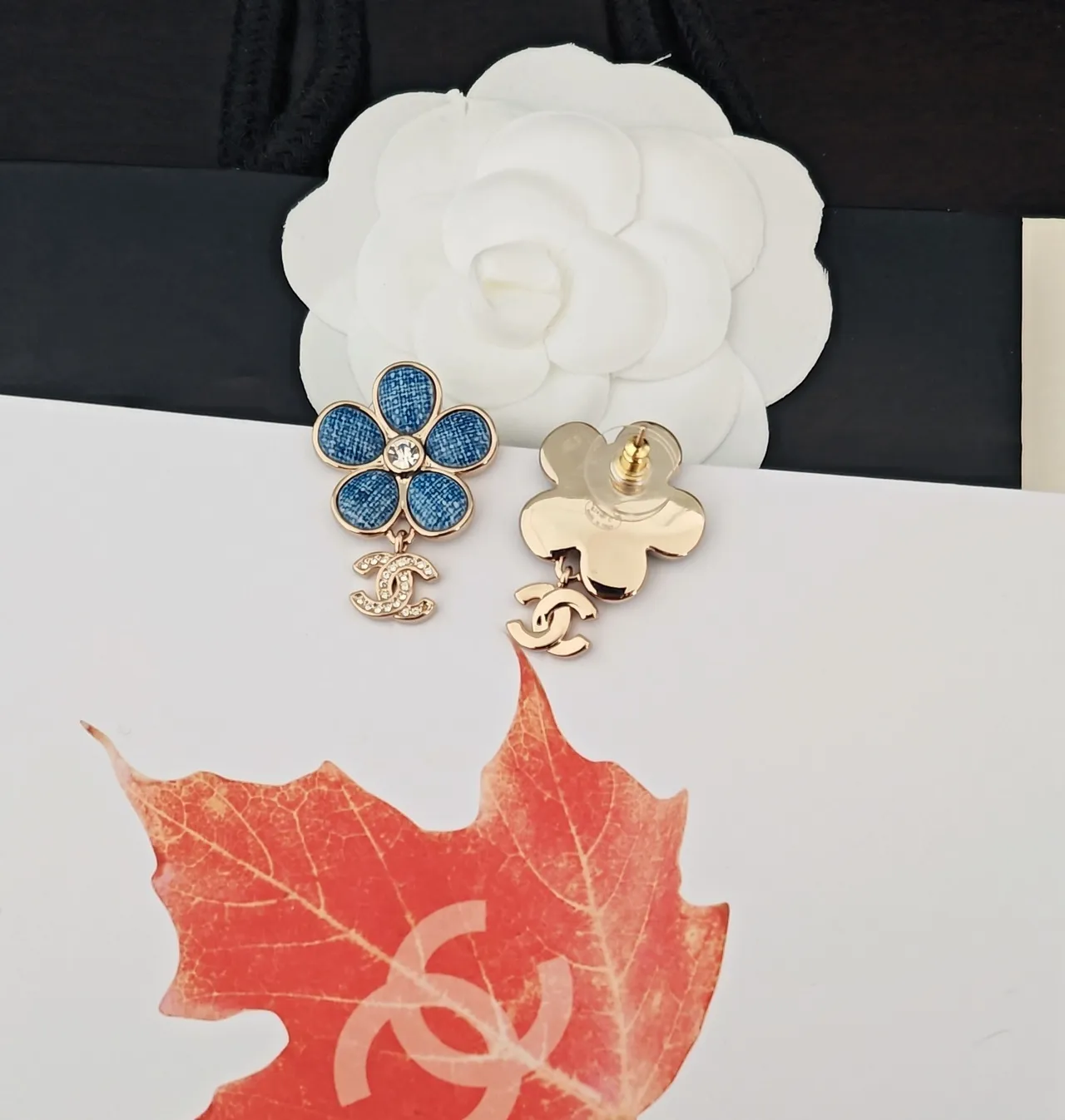 Chanel Camellia Flower Blue Denim-Textured Pavé-Crystal Earrings 3