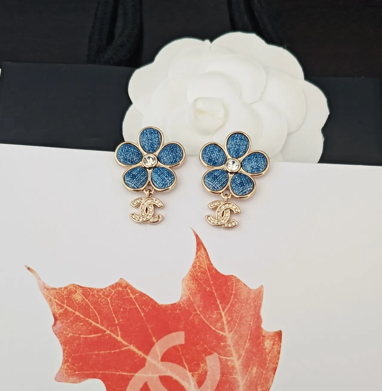 Chanel Camellia Flower Blue Denim-Textured Pavé-Crystal Earrings 4