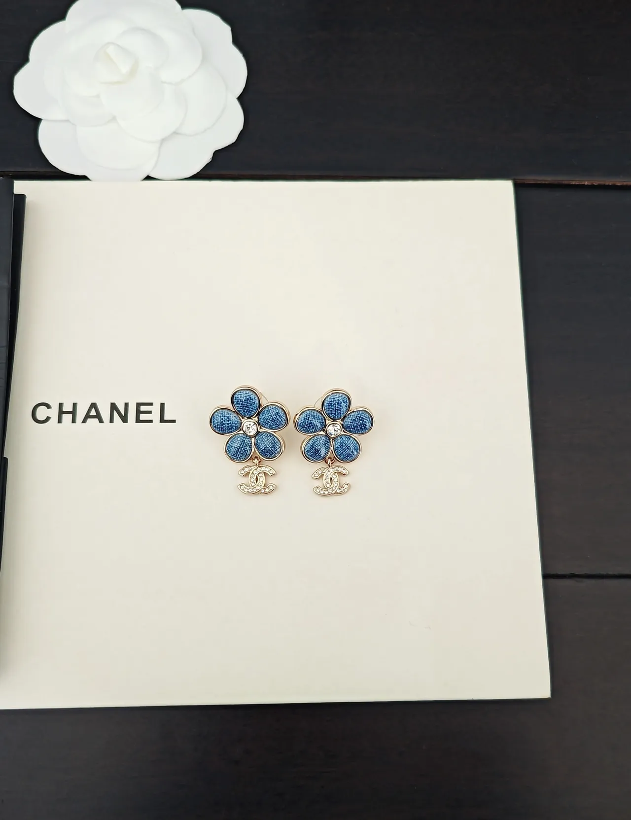Chanel Camellia Flower Blue Denim-Textured Pavé-Crystal Earrings 5