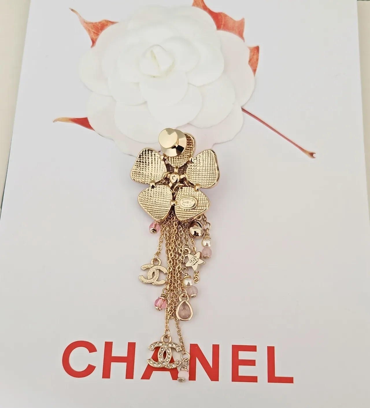 Chanel Camélia Broche Or Rose à franges Motif Floral Chaîne Pendante 3