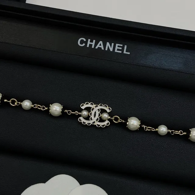 Chanel CC Colar de pérolas Corrente dourada bege Corrente Curb Contas cultivadas 6