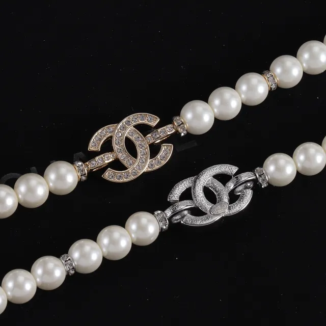 Chanel Classic Pearl Necklace White Silver Strand Crystal-Embellished CC Clasp Necklace 2