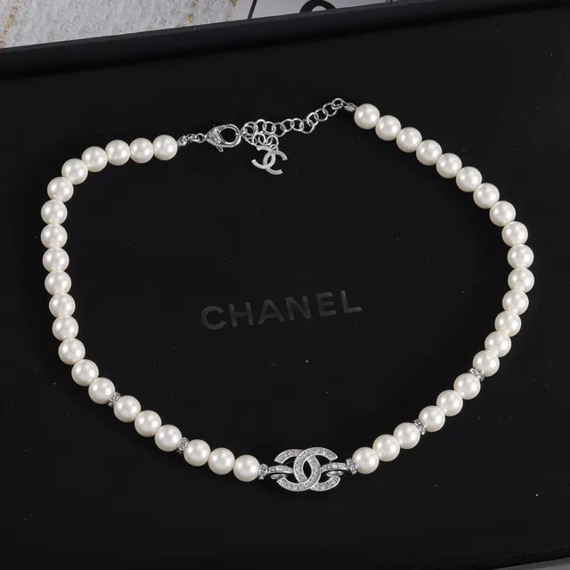 Chanel Classic Pearl Necklace White Silver Strand Crystal-Embellished CC Clasp Necklace 3