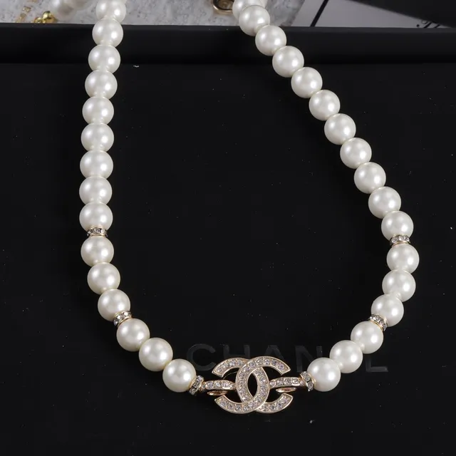 Chanel Classic Pearl Necklace White Silver Strand Crystal-Embellished CC Clasp Necklace 4