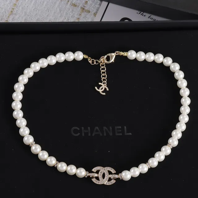 Chanel Classic Pearl Necklace White Silver Strand Crystal-Embellished CC Clasp Necklace 6