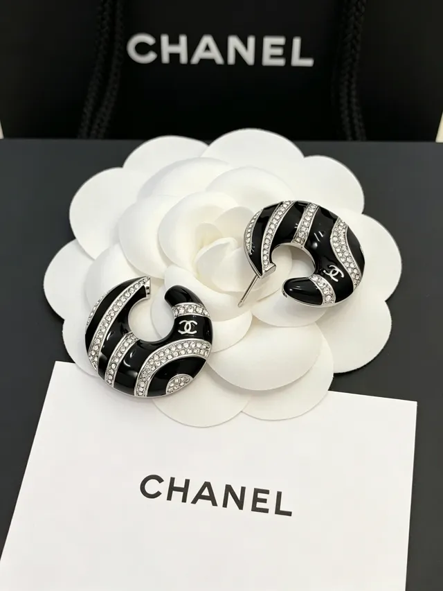 Chanel Crescent Hoop Black White Enamel And Crystal Pavé Earrings 4
