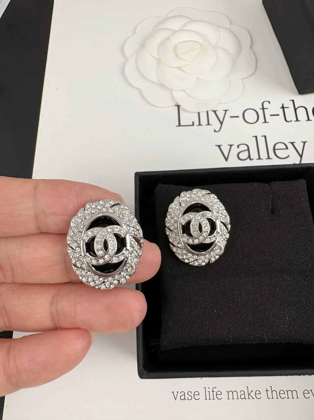 Chanel Crystal-Pavé Interlocking CC Camellia Earrings 9