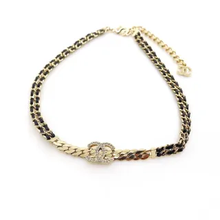 Chanel Gold Black Metal Leather Interwoven Bracelet