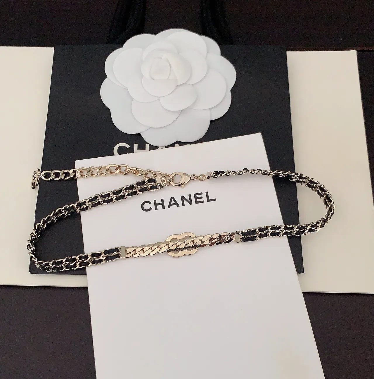 Chanel Gold Black Metal Leather Interwoven Bracelet 2