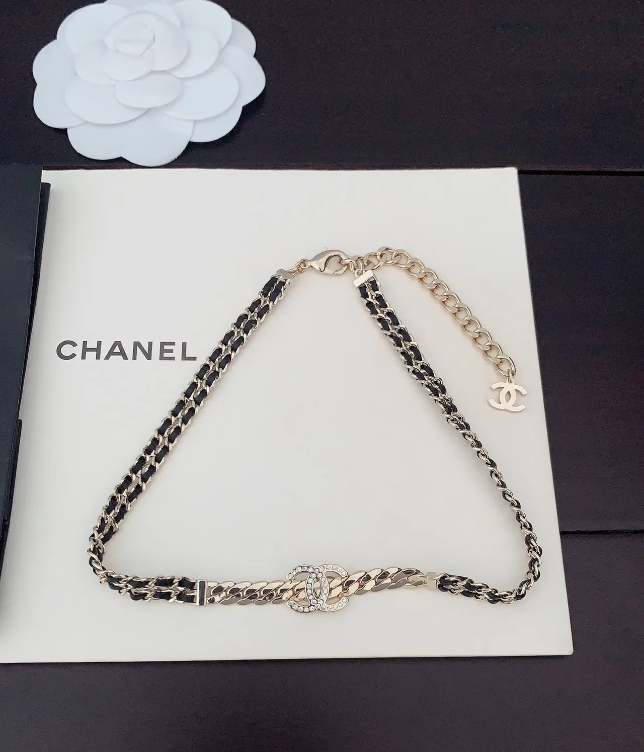 Chanel Gold Black Metal Leather Interwoven Bracelet 4