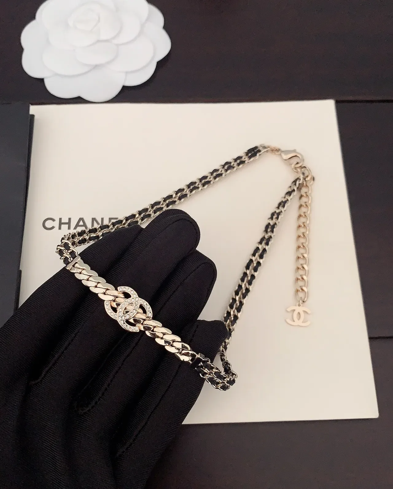 Chanel Gold Black Metal Leather Interwoven Bracelet 5