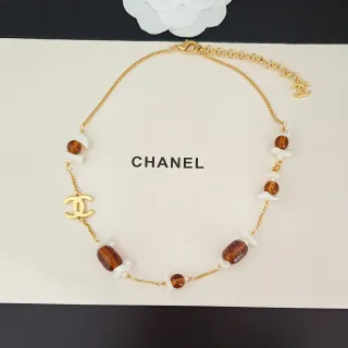 Chanel Chaîne Curb Or Brun Collier Perles Résine Ambre
