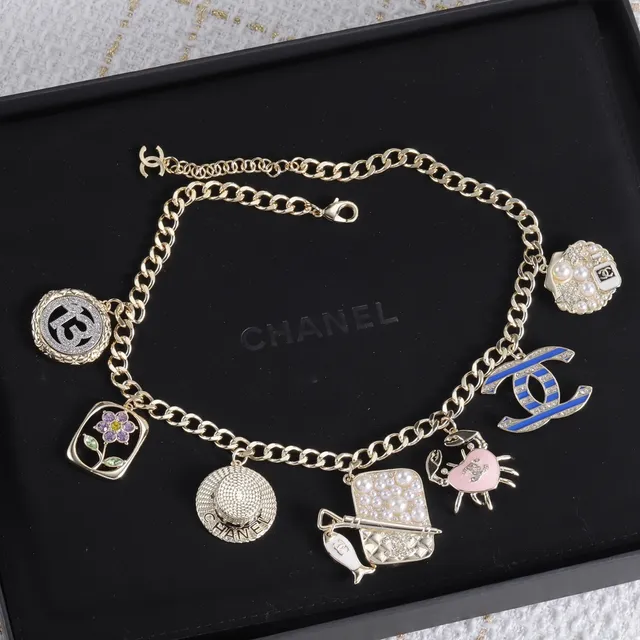 Chanel Gold Multicolor Curb Chain Multi-Charm Pendant Design Bracelet 1