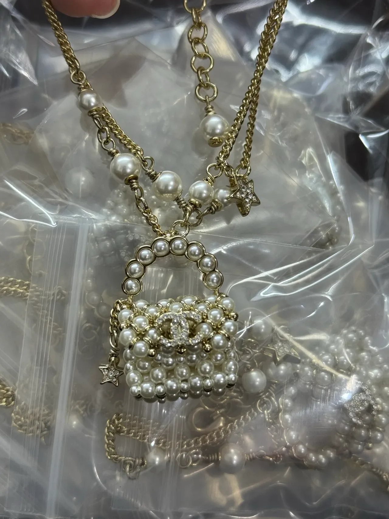 Chanel Gold White Pearl-Beaded Handbag Pendant Chain Necklace 2