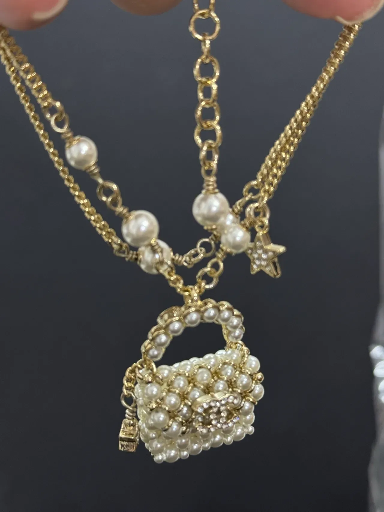 Chanel Gold White Pearl-Beaded Handbag Pendant Chain Necklace 3