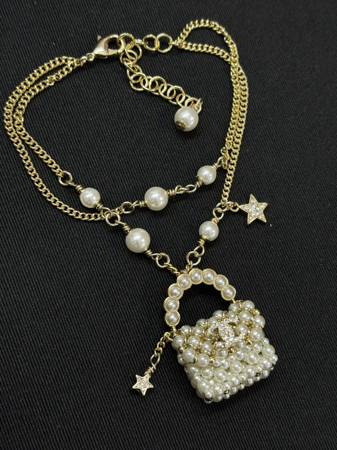 Chanel Gold White Pearl-Beaded Handbag Pendant Chain Necklace 4